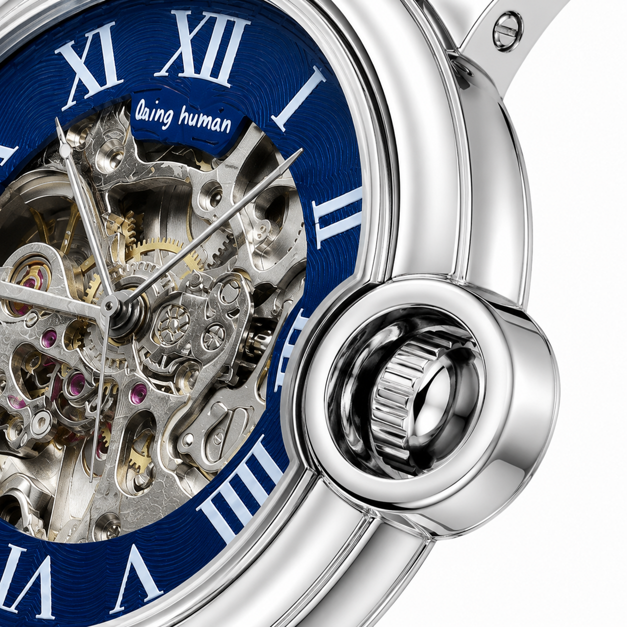 Luxury Skeleton Automatic Men's Stainless Steel Watch – Blue Roman Dial | Mechanical Wristwatch