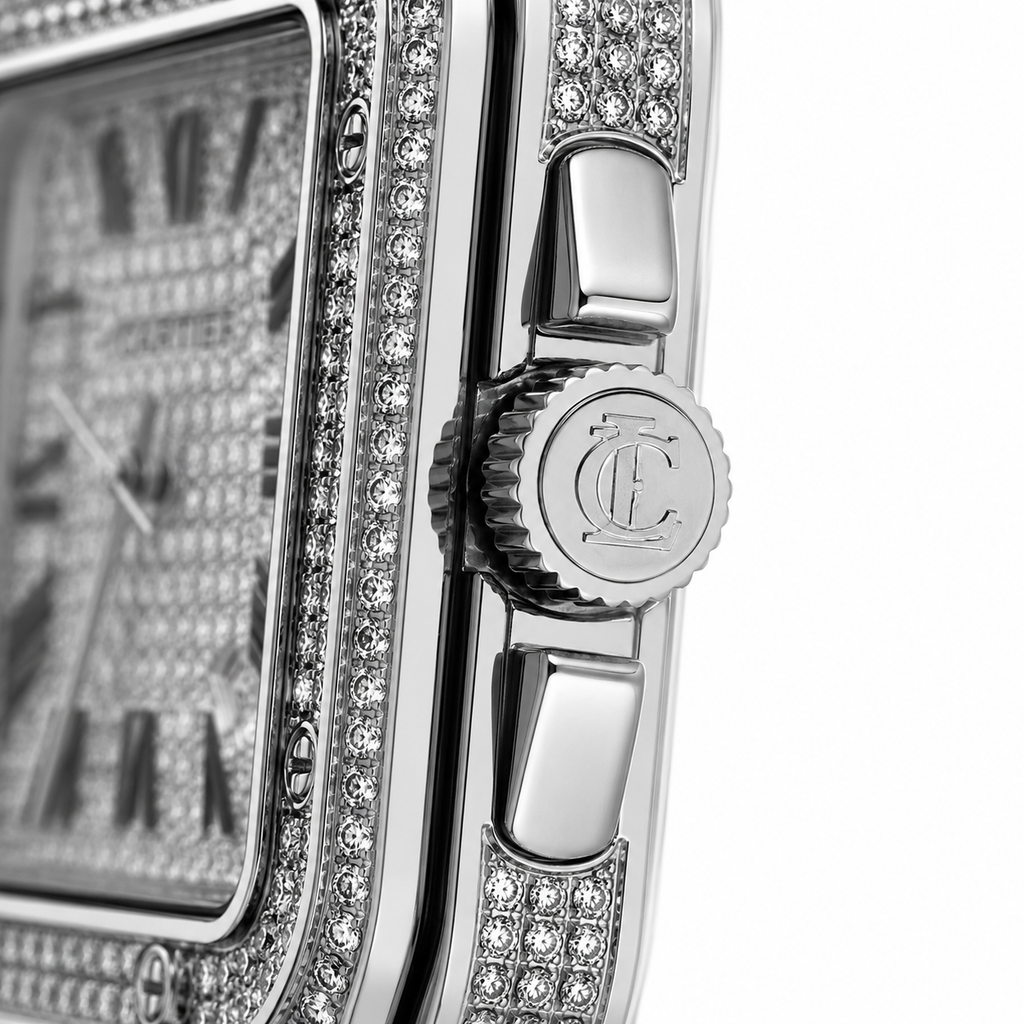 Luxury Iced-Out Square Watch – Full Crystal Stainless Steel Bracelet & Silver Dial