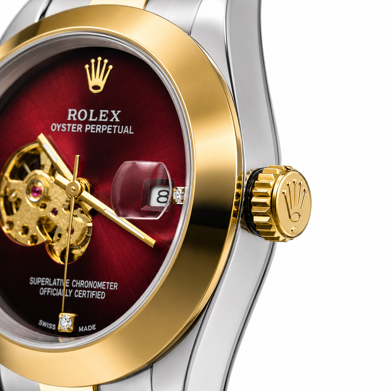 Rolex Oyster Perpetual Red Skeleton Dial Two-Tone Men's Watch