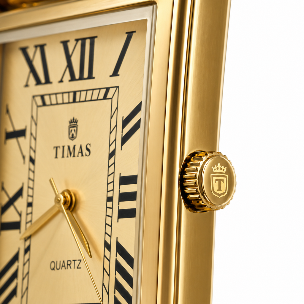 TIMAS Gold Rectangular Quartz Watch for Men – Roman Numeral Dial with Stainless Steel Bracelet