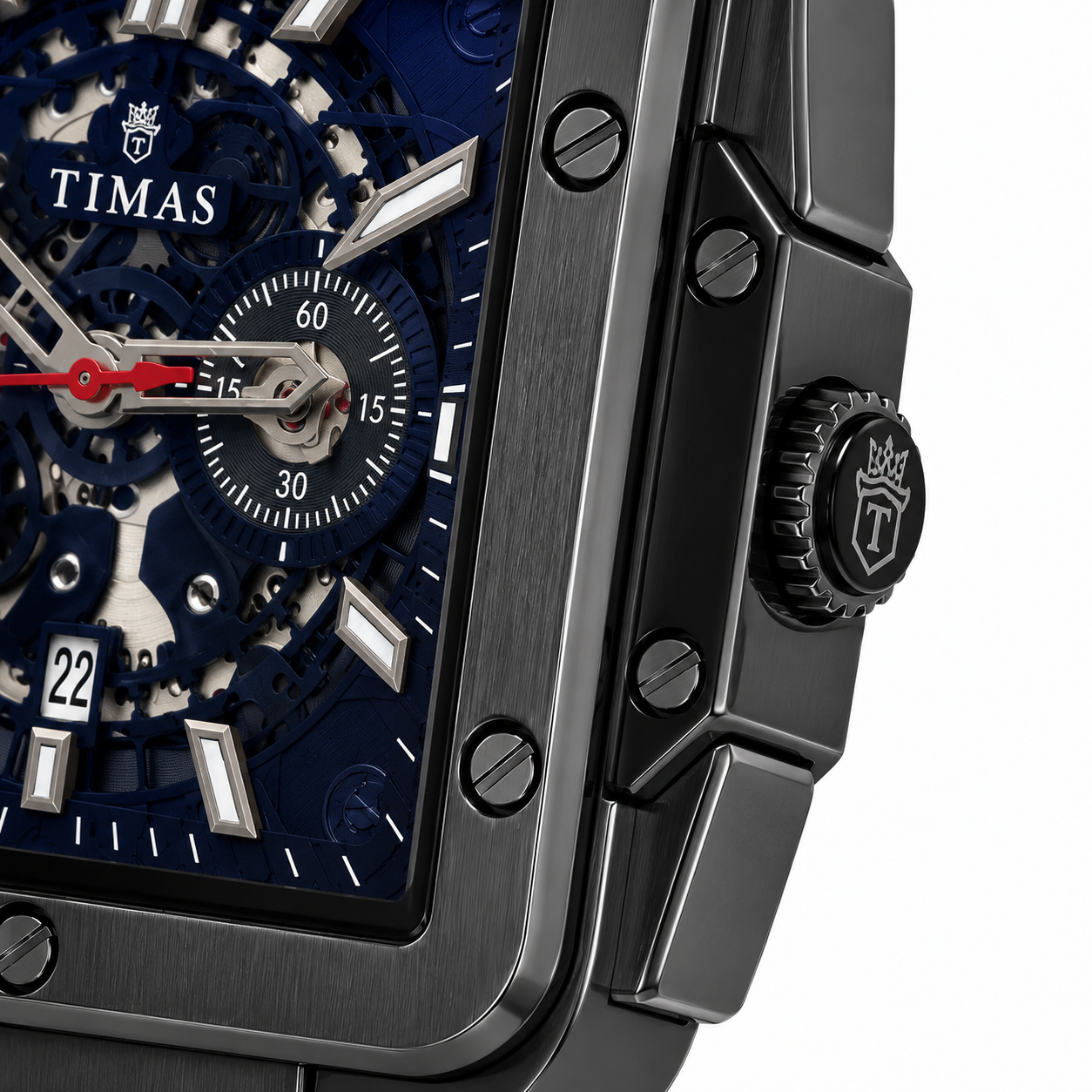TIMAS Skeleton Square Dial Black Stainless Steel Men's Watch