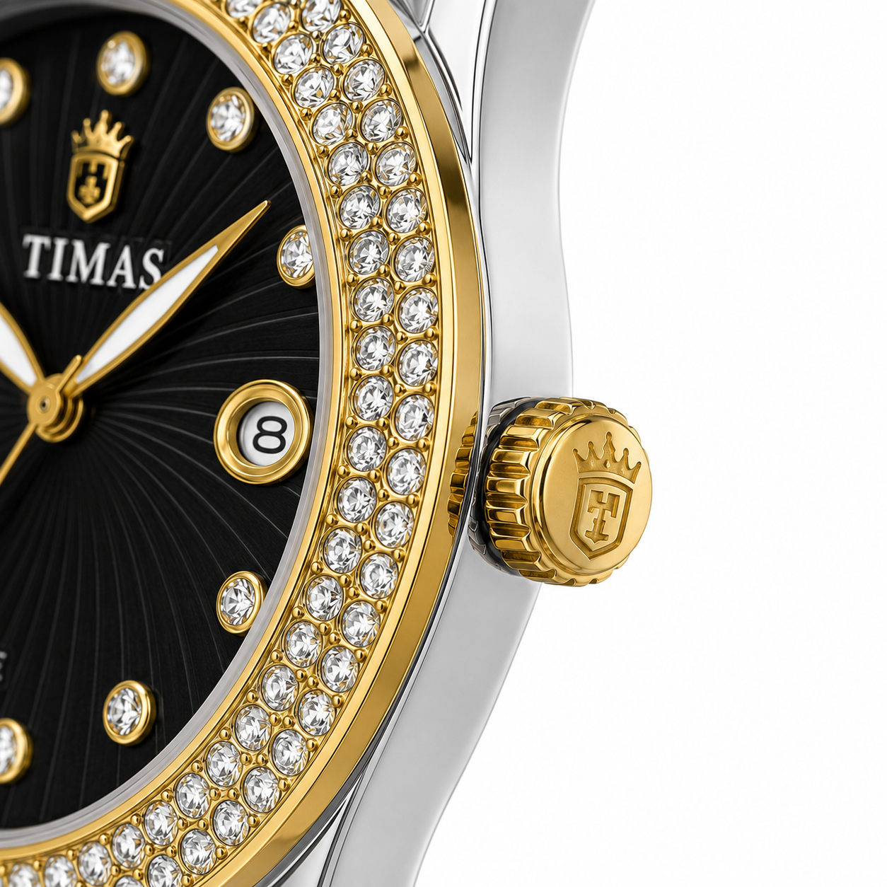 Luxury Women's Two-Tone Quartz Watch with Black Sunburst Dial, Crystal Bezel & Date Display