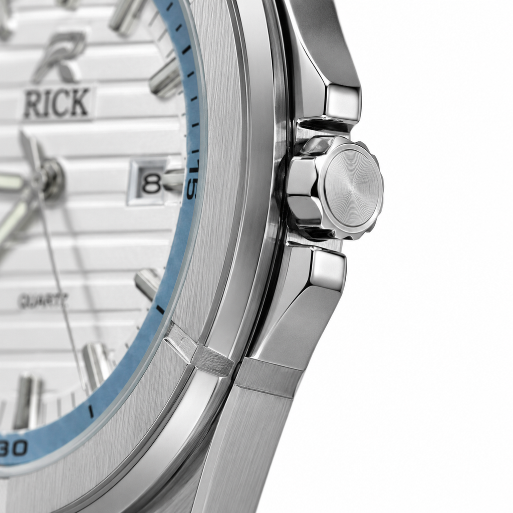 RICK Classic Quartz Watch – Stainless Steel Bracelet with White Textured Dial
