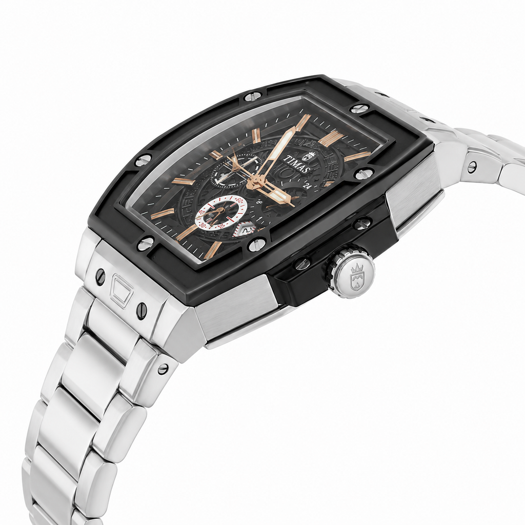 TIMAS Luxury Skeleton Quartz Men's Stainless Steel Watch – Black & Rose Gold Dial