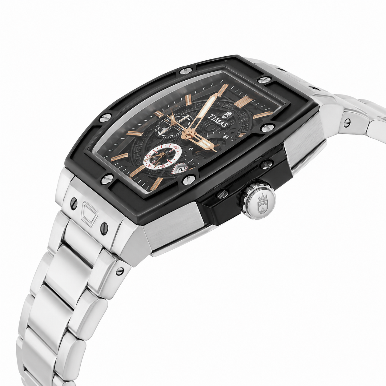 TIMAS Luxury Skeleton Quartz Men's Stainless Steel Watch – Black & Rose Gold Dial