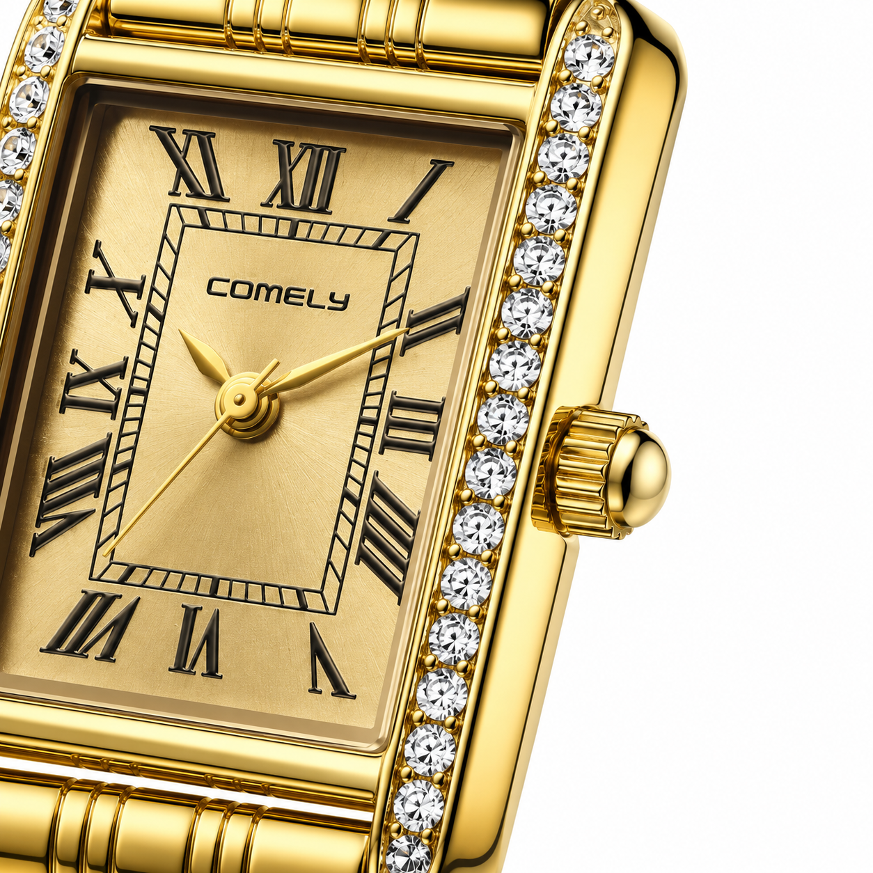 Elegant Women's Gold Rectangular Quartz Watch with Crystal Bezel & Roman Numeral Dial