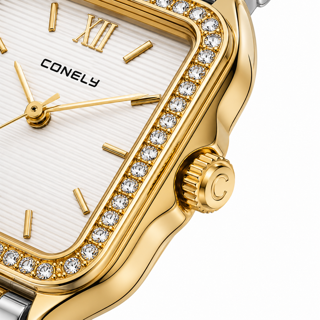 Elegant Women's Two-Tone Square Quartz Watch with Crystal Bezel | Gold & Silver Stainless Steel