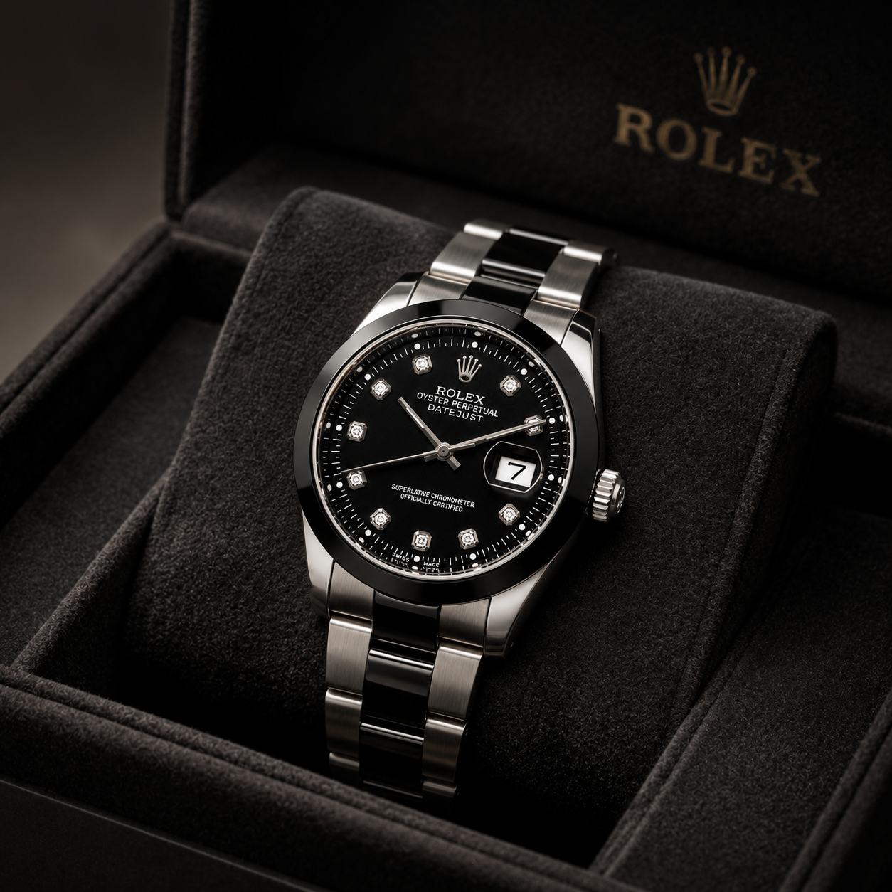 Rolex Oyster Perpetual Datejust Black Diamond Dial Two-Tone Bracelet Watch