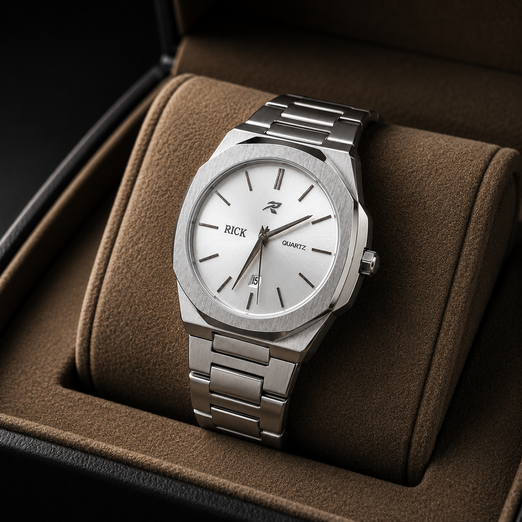 RICK Minimalist Quartz Watch – Silver Stainless Steel Bracelet & Sunburst Silver Dial