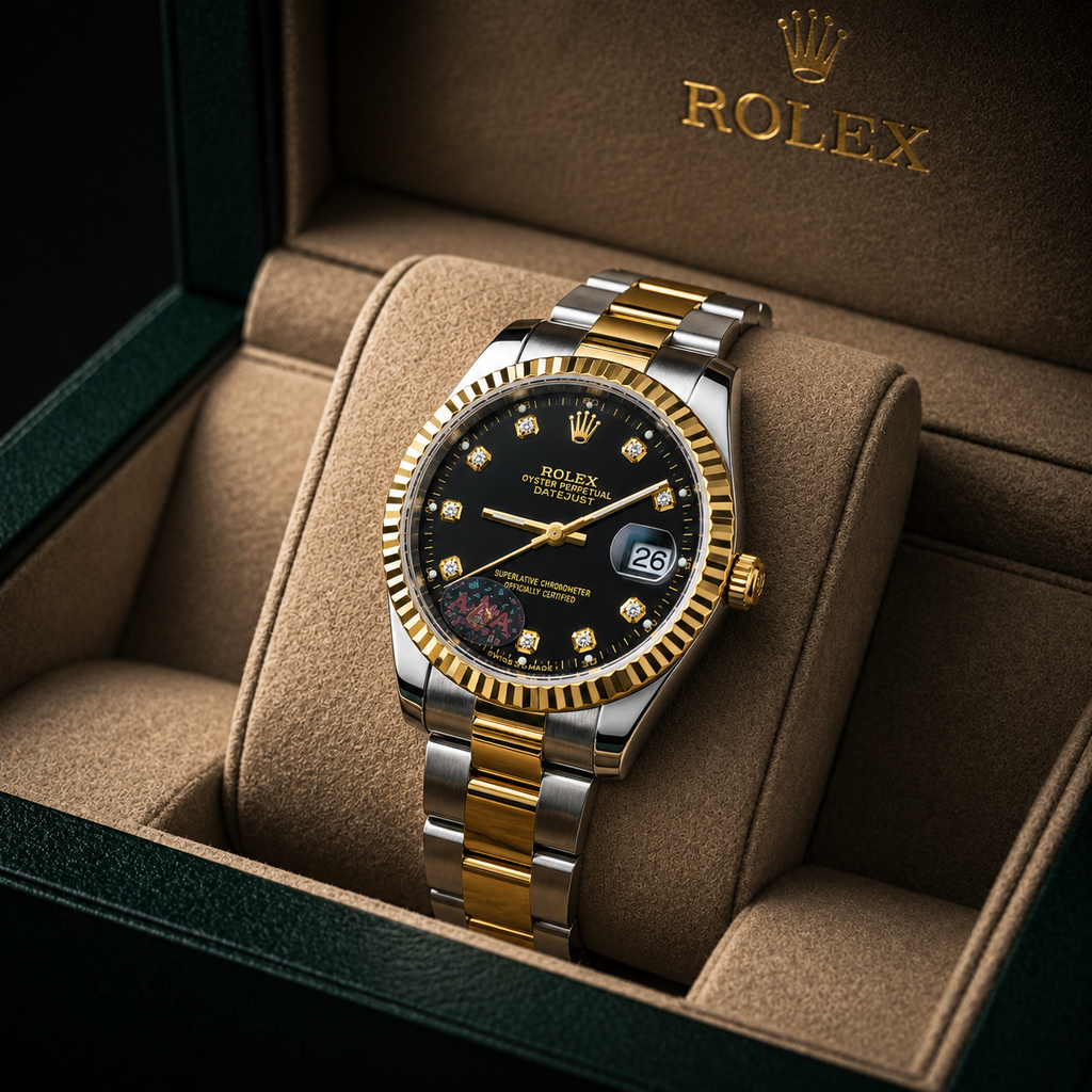 Luxury Women's Two-Tone Quartz Watch with Black Crystal Dial & Date Display | Gold & Silver Stainless Steel