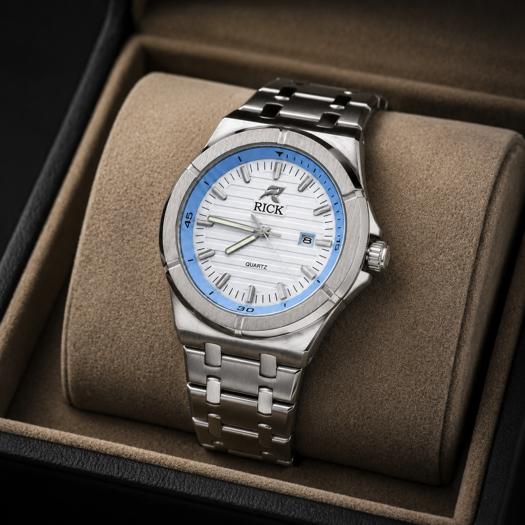 RICK Classic Quartz Watch – Stainless Steel Bracelet with White Textured Dial