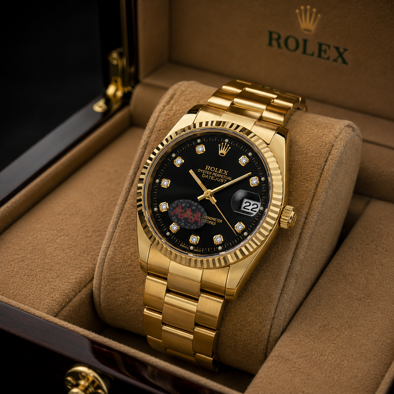 Luxury Women's Gold-Tone Quartz Watch with Black Crystal Dial & Date Display