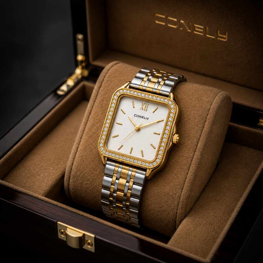 Elegant Women's Two-Tone Square Quartz Watch with Crystal Bezel | Gold & Silver Stainless Steel