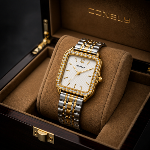 Elegant Women's Two-Tone Square Quartz Watch with Crystal Bezel | Gold & Silver Stainless Steel