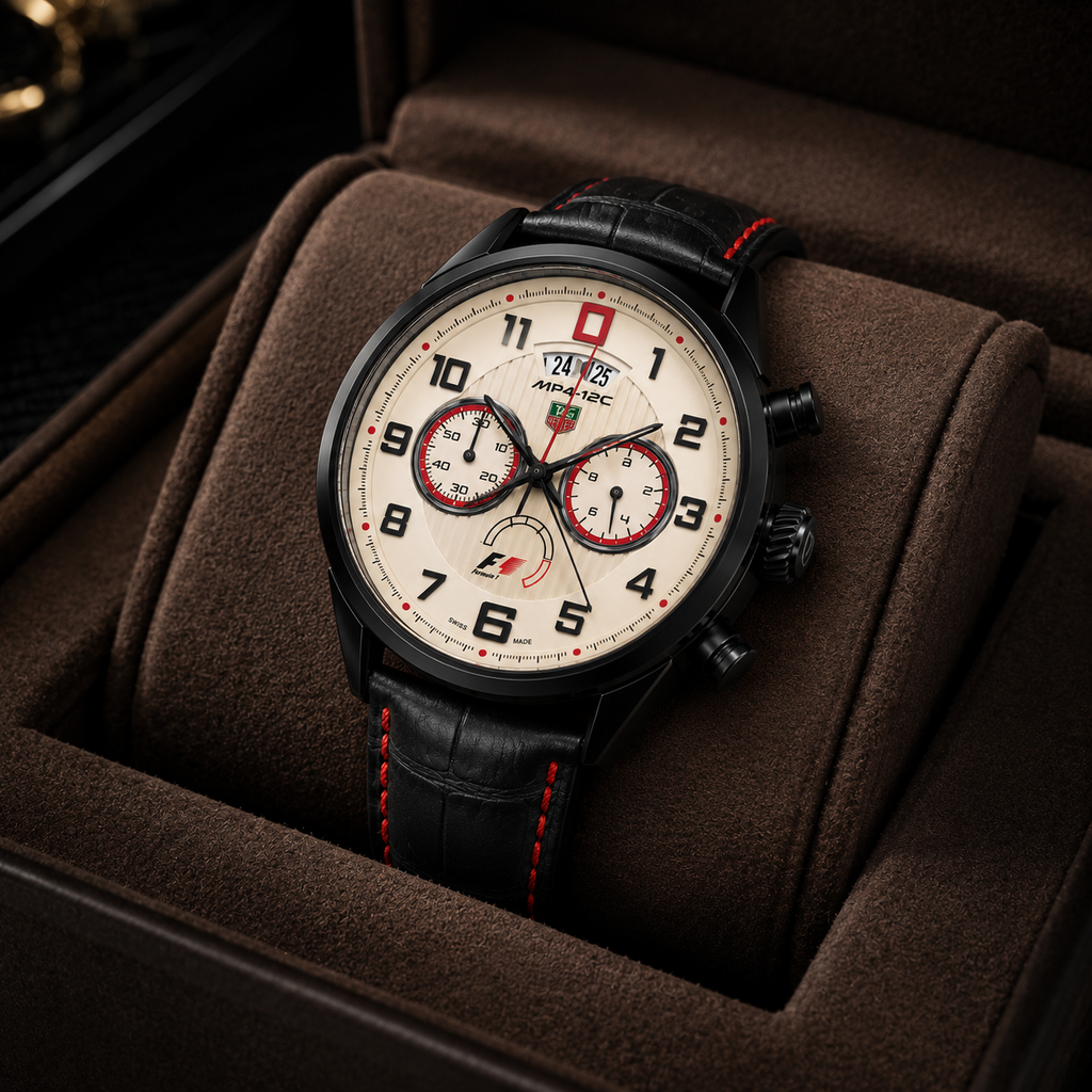 Luxury Formula Racing Style Chronograph Watch – Black Leather Strap & Ivory Dial