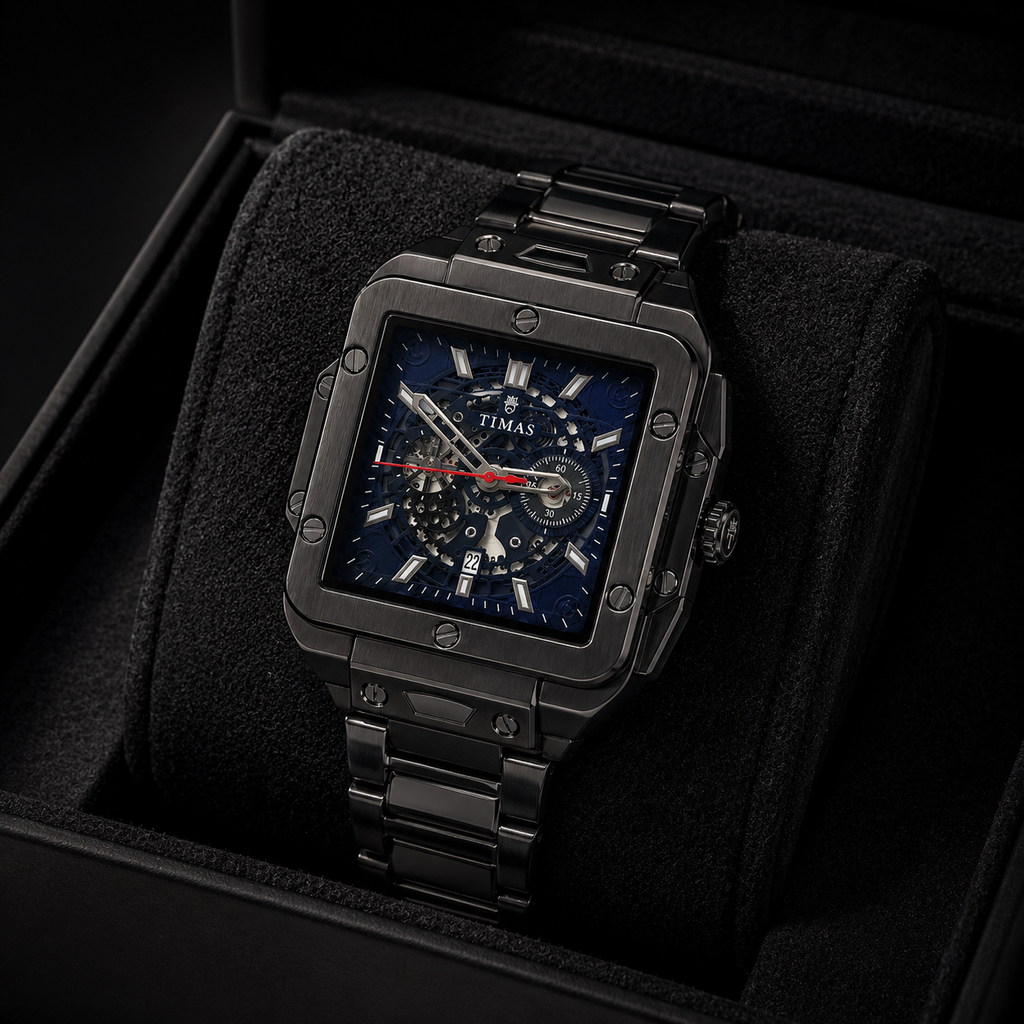 TIMAS Skeleton Square Dial Black Stainless Steel Men's Watch