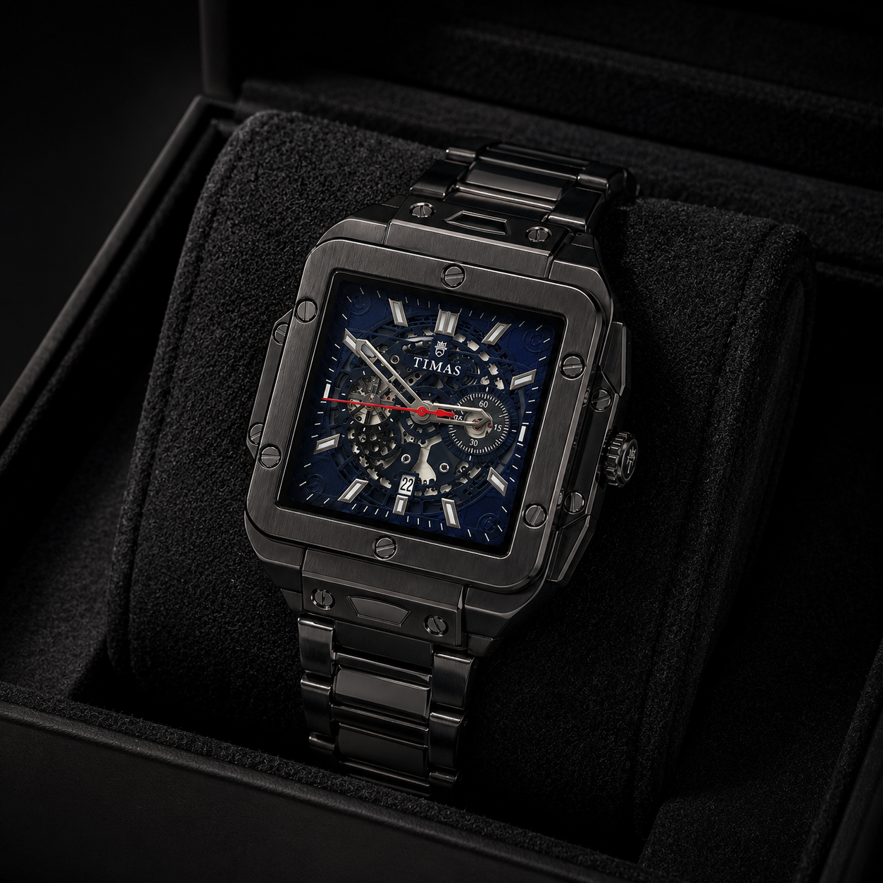 TIMAS Skeleton Square Dial Black Stainless Steel Men's Watch