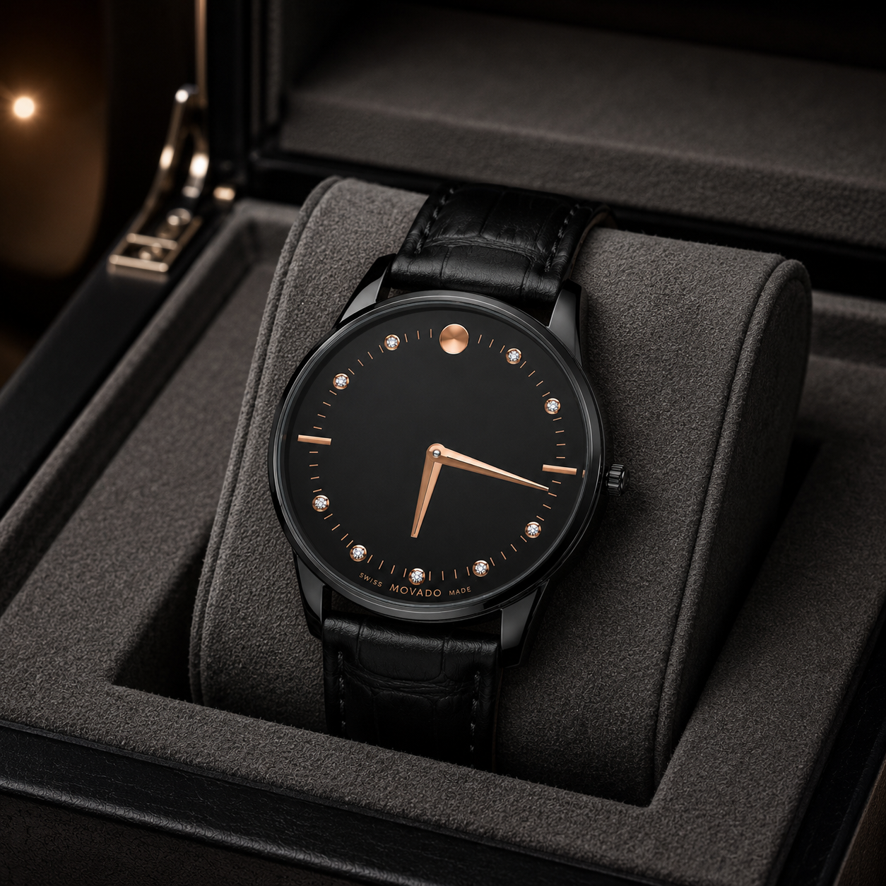 Minimalist Black Men's Dress Watch – Black Leather Strap & Rose Gold Accents | Luxury Analog Wristwatch