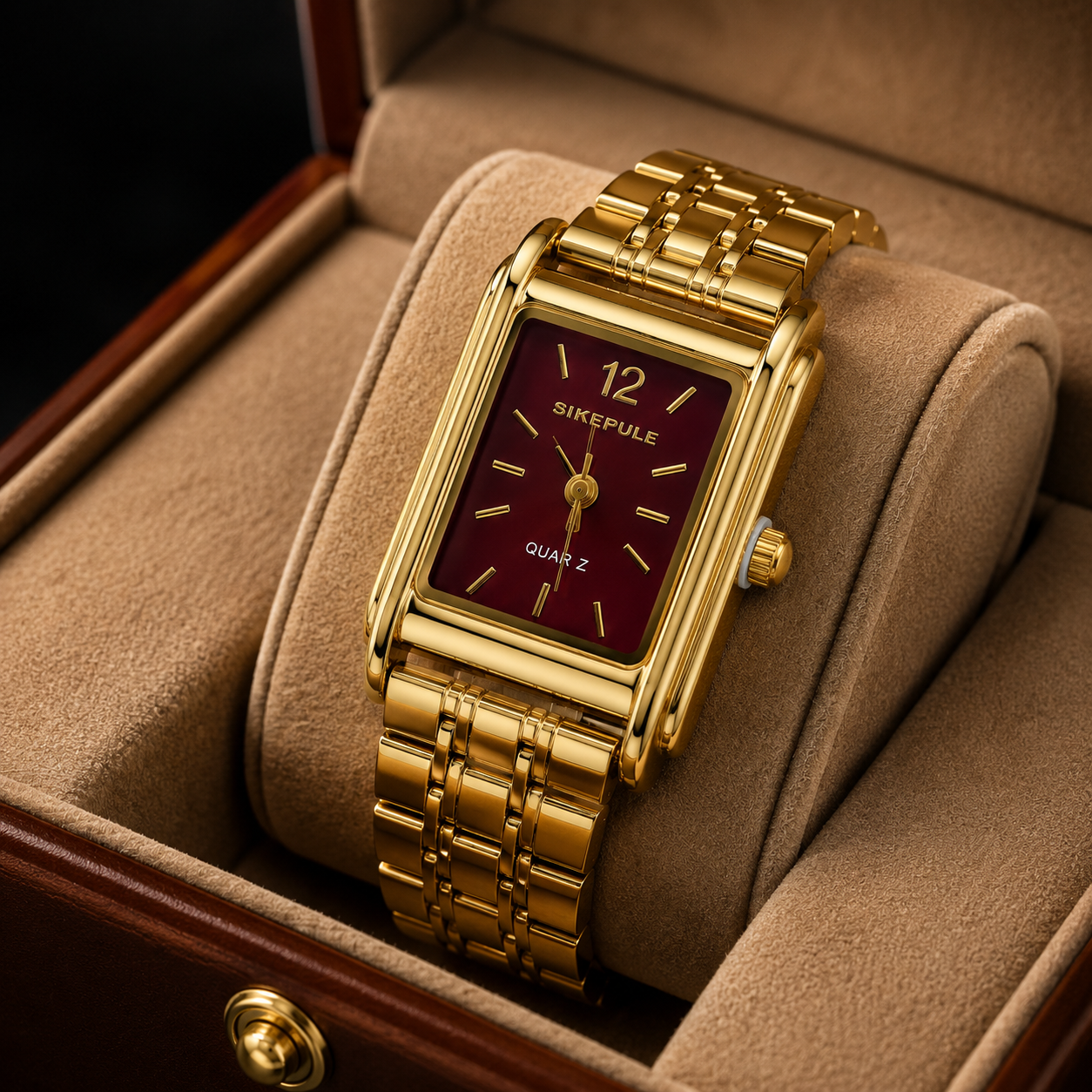 Elegant Women's Gold Rectangle Quartz Watch with Burgundy Dial | Stainless Steel Bracelet