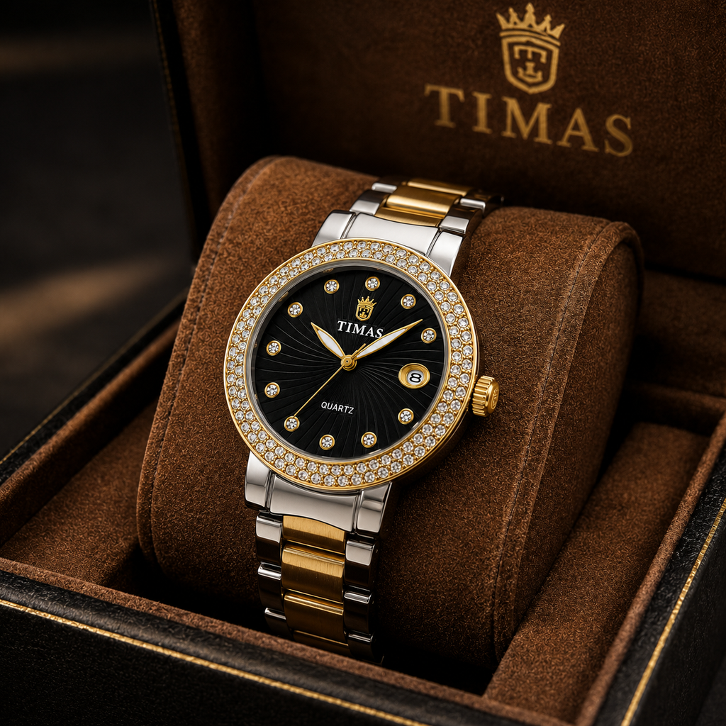 Luxury Women's Two-Tone Quartz Watch with Black Sunburst Dial, Crystal Bezel & Date Display