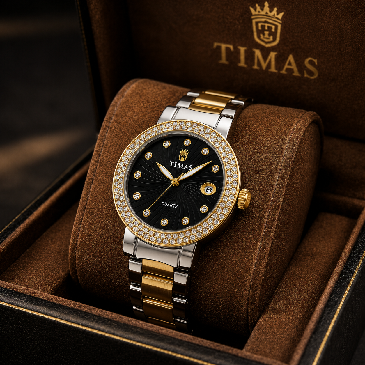 Luxury Women's Two-Tone Quartz Watch with Black Sunburst Dial, Crystal Bezel & Date Display