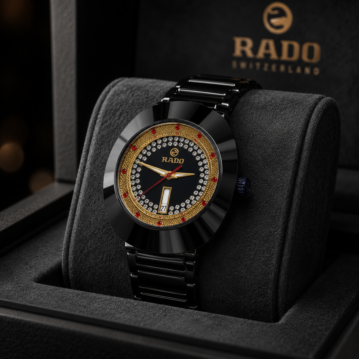 Rado Black Ceramic Diamond Dial Luxury Quartz Watch for Men