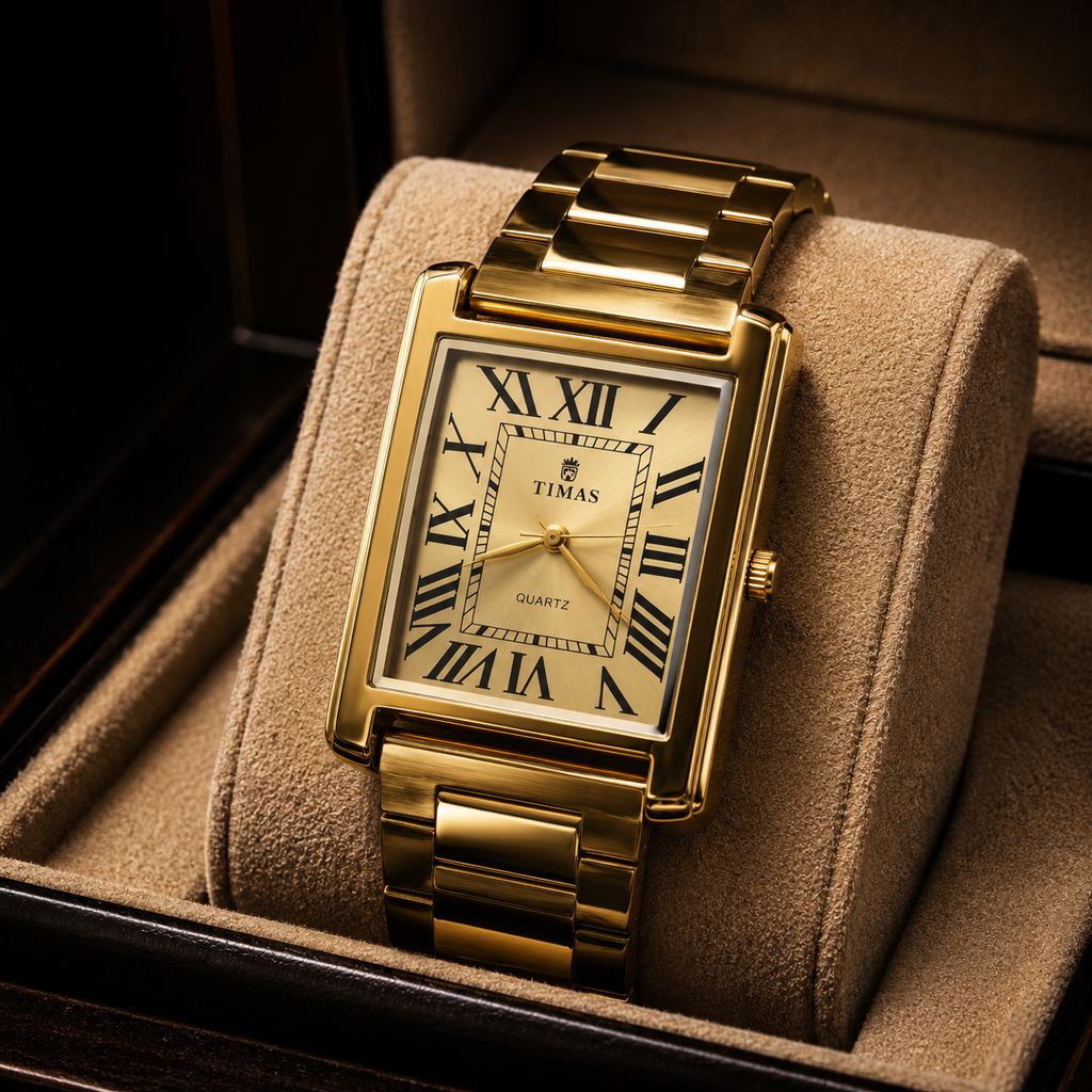 TIMAS Gold Rectangular Quartz Watch for Men – Roman Numeral Dial with Stainless Steel Bracelet