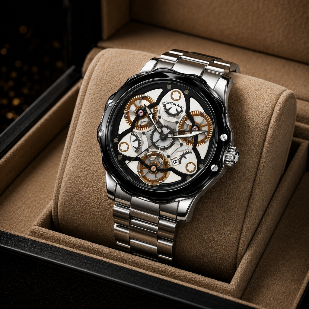 Luxury Automatic Skeleton Watch – Stainless Steel Bracelet with Black Open-Work Dial