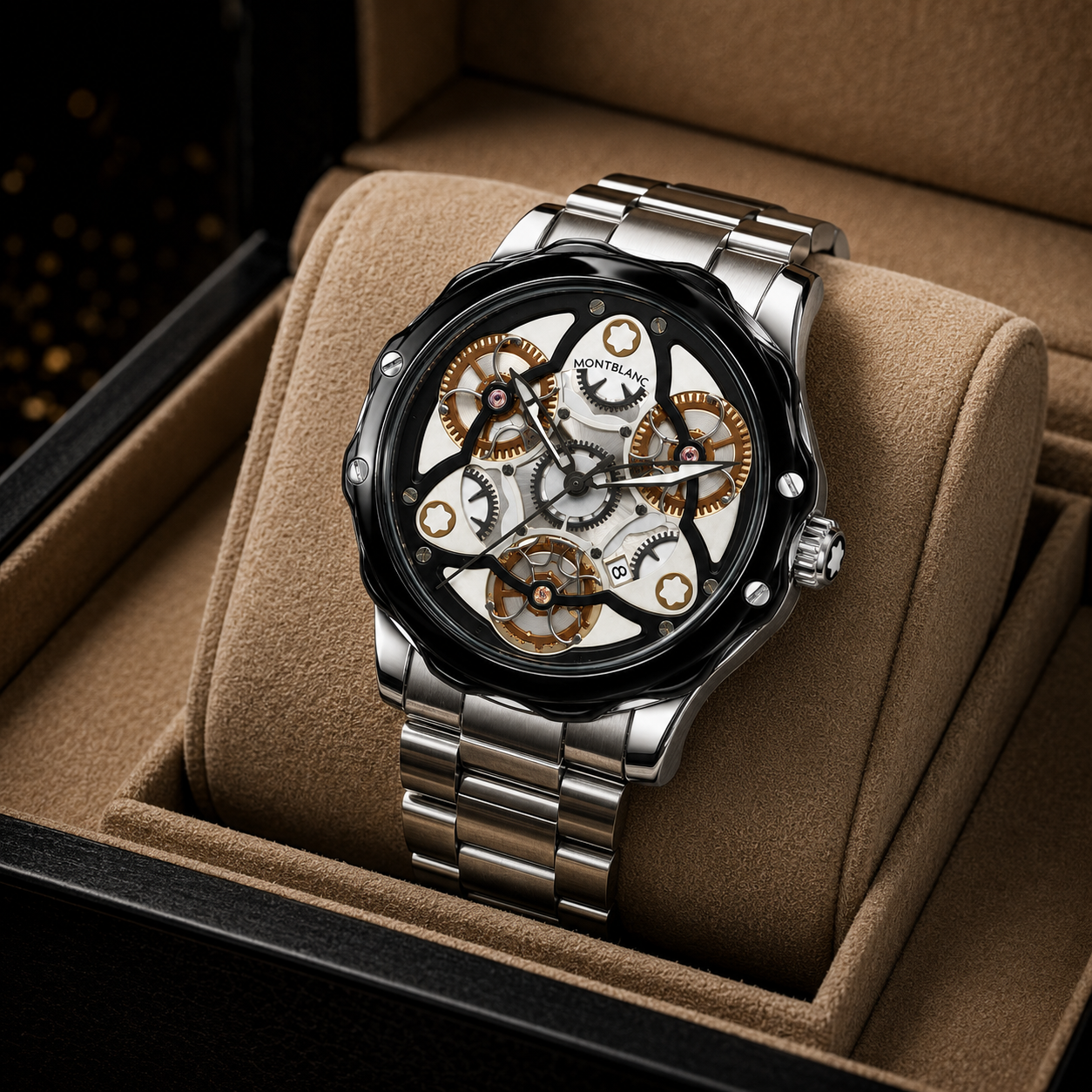 Luxury Automatic Skeleton Watch – Stainless Steel Bracelet with Black Open-Work Dial
