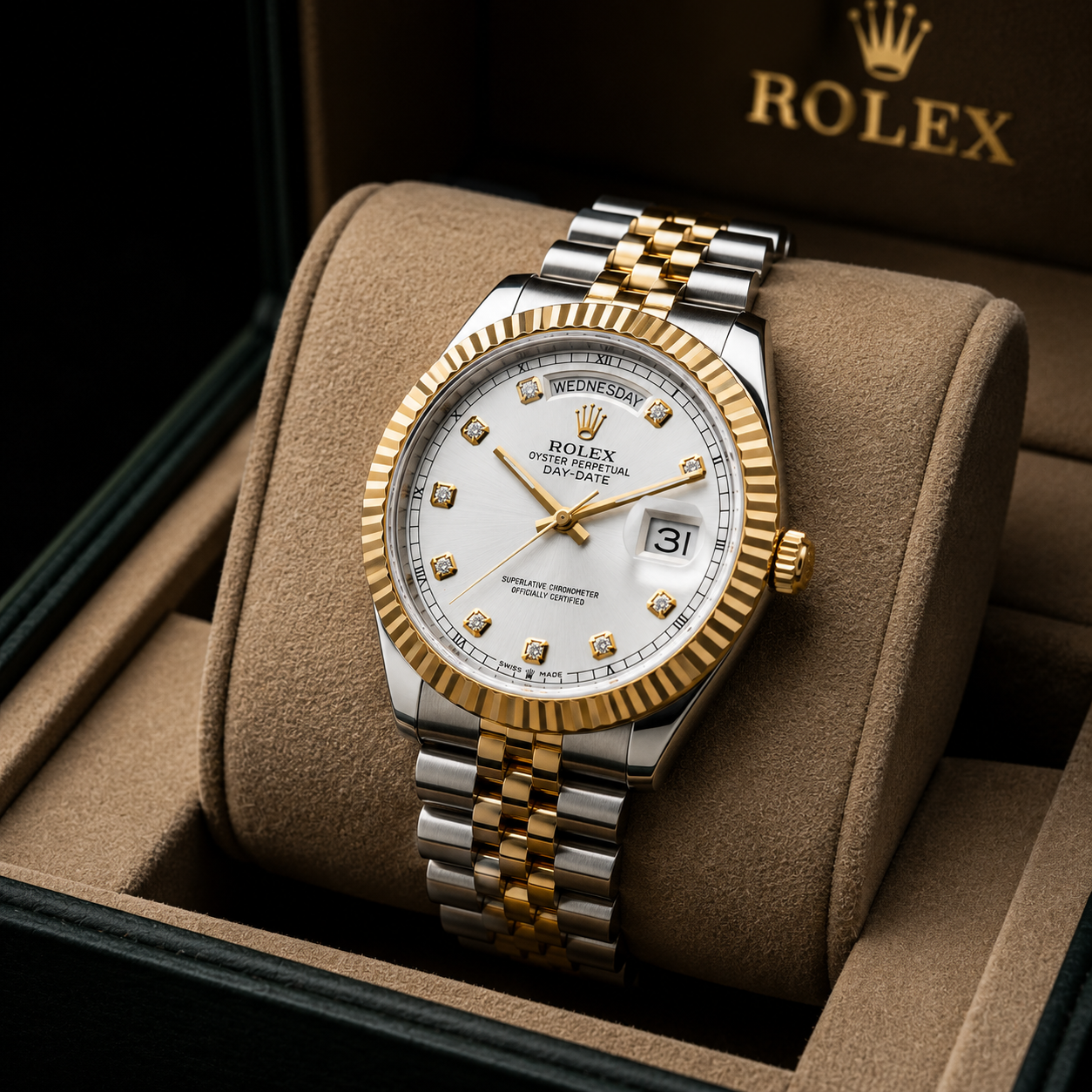 Rolex Day-Date White Dial Two-Tone Diamond Markers Men's Watch