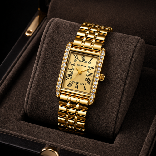 Elegant Women's Gold Rectangular Quartz Watch with Crystal Bezel & Roman Numeral Dial