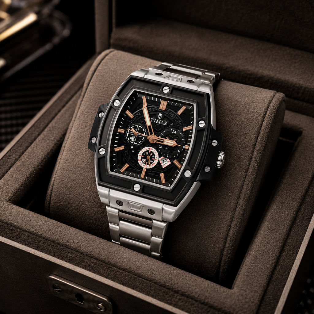 TIMAS Luxury Skeleton Quartz Men's Stainless Steel Watch – Black & Rose Gold Dial