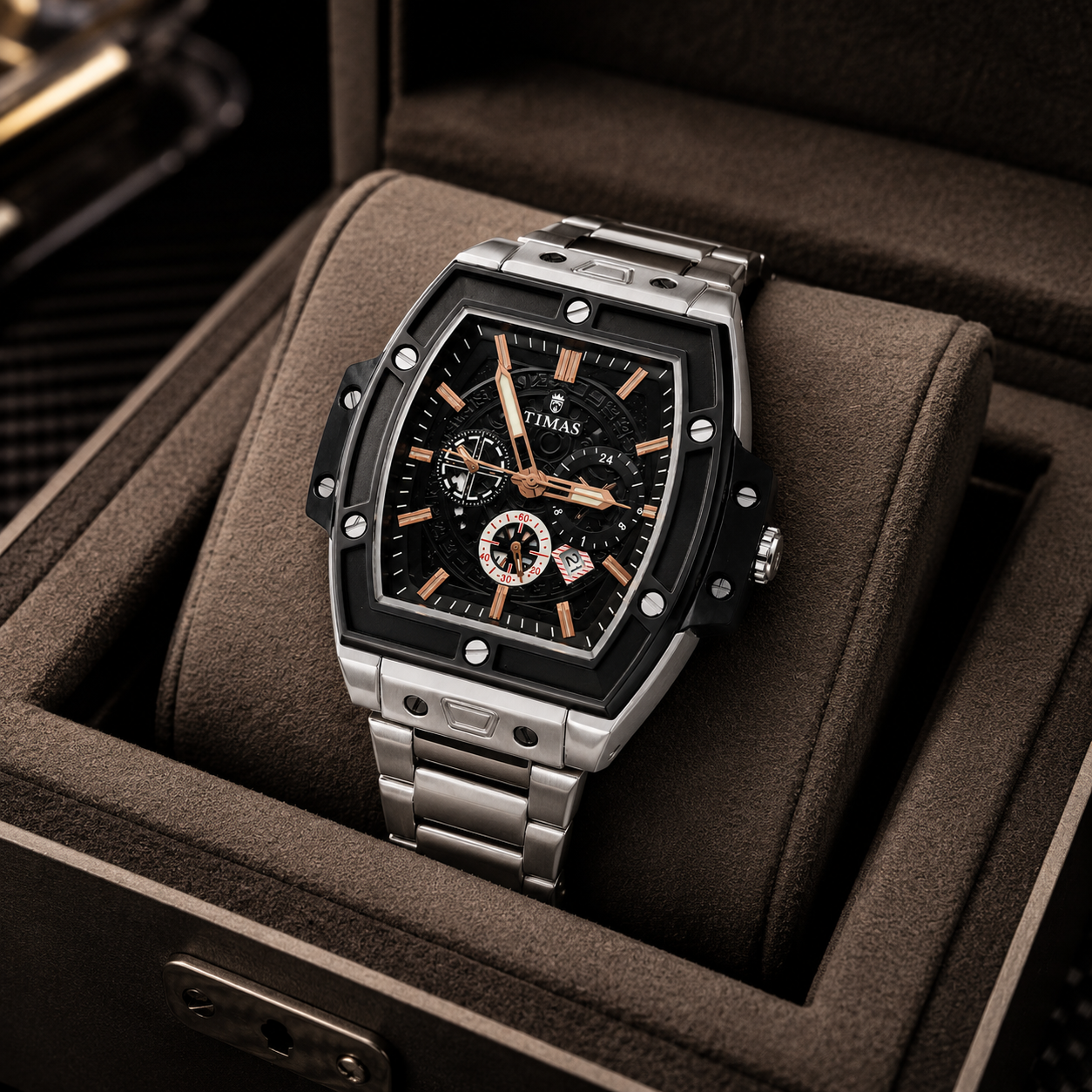 TIMAS Luxury Skeleton Quartz Men's Stainless Steel Watch – Black & Rose Gold Dial
