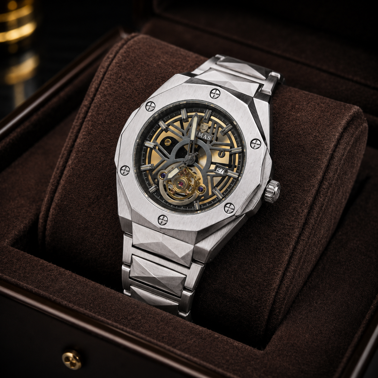 TIMAS Luxury Automatic Skeleton Watch – Stainless Steel Bracelet & Silver Case