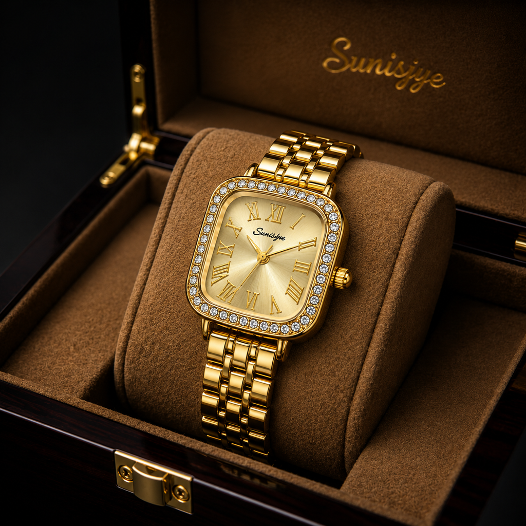 Luxury Women's Gold Square Quartz Watch with Crystal Bezel & Roman Numeral Dial