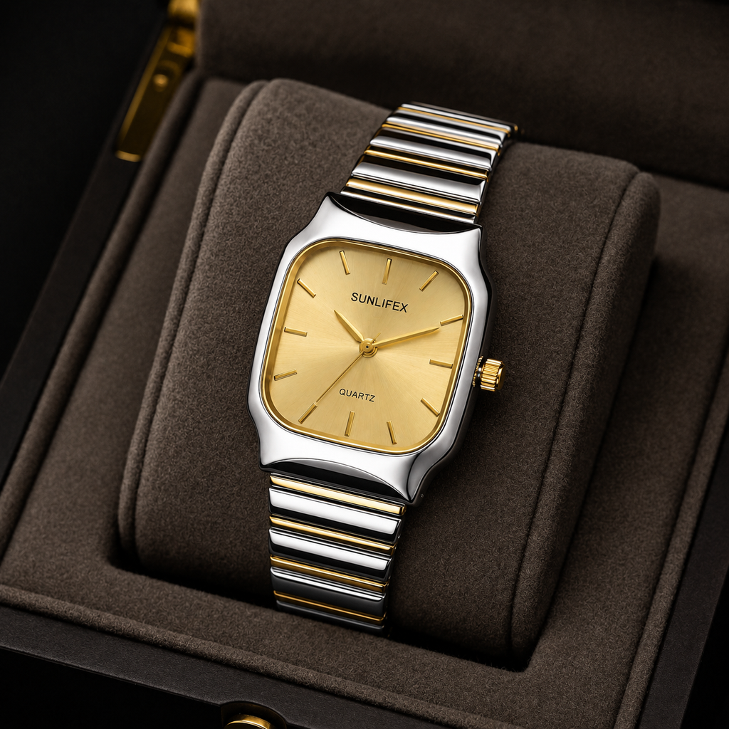 Minimalist Women's Two-Tone Square Quartz Watch | Gold Dial & Stainless Steel Stretch Bracelet