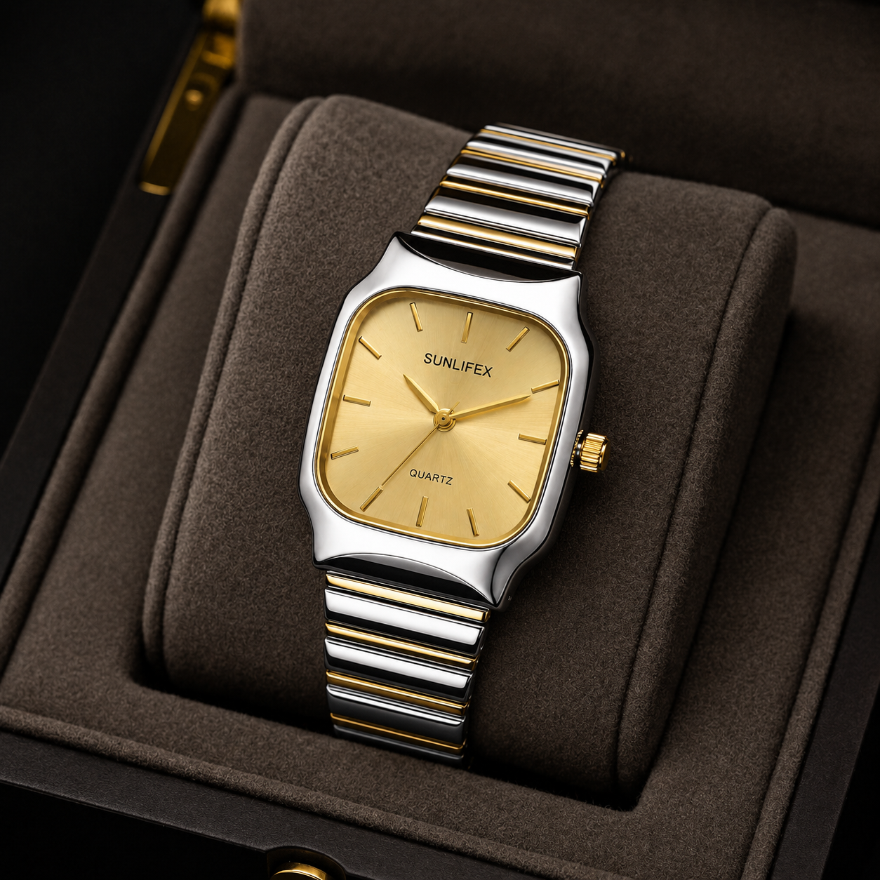 Minimalist Women's Two-Tone Square Quartz Watch | Gold Dial & Stainless Steel Stretch Bracelet