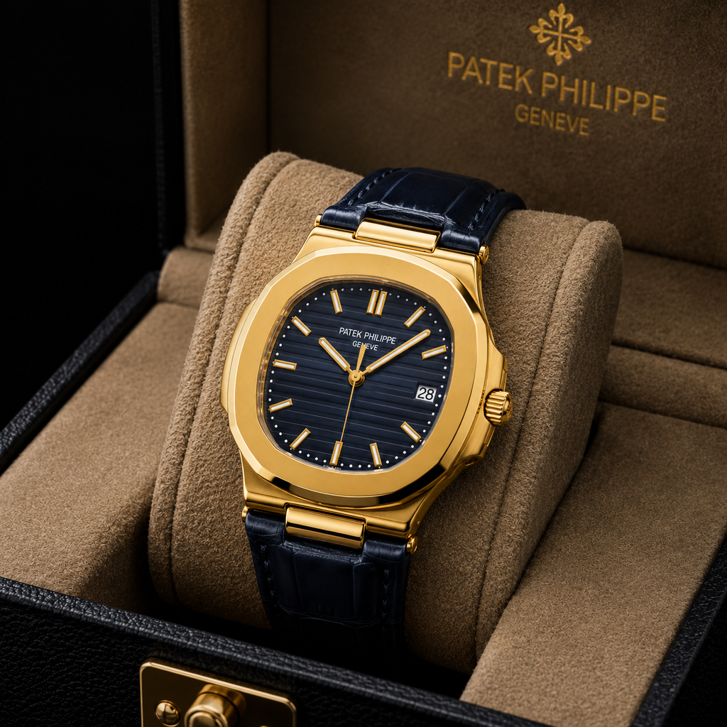 Patek Philippe Nautilus Blue Dial 18K Gold Leather Strap Men's Watch