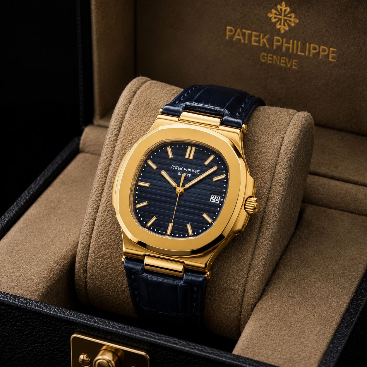 Patek Philippe Nautilus Blue Dial 18K Gold Leather Strap Men's Watch