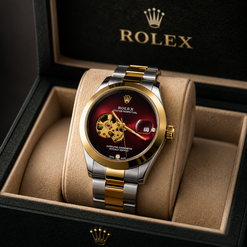 Rolex Oyster Perpetual Red Skeleton Dial Two-Tone Men's Watch
