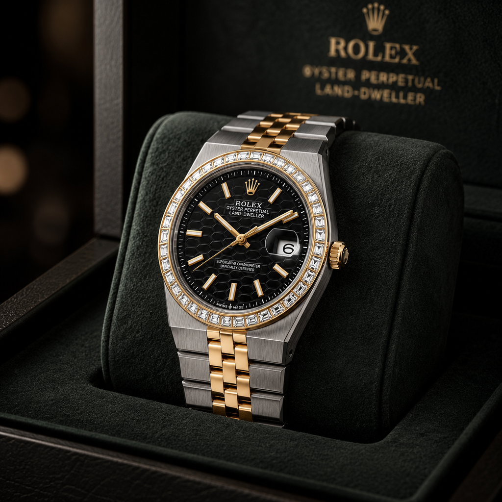 Rolex Land-Dweller Two-Tone Diamond Bezel Black Dial Men's Luxury Watch