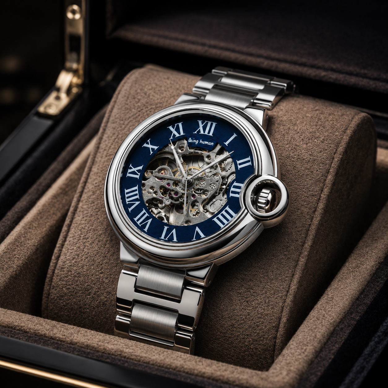 Luxury Skeleton Automatic Men's Stainless Steel Watch – Blue Roman Dial | Mechanical Wristwatch