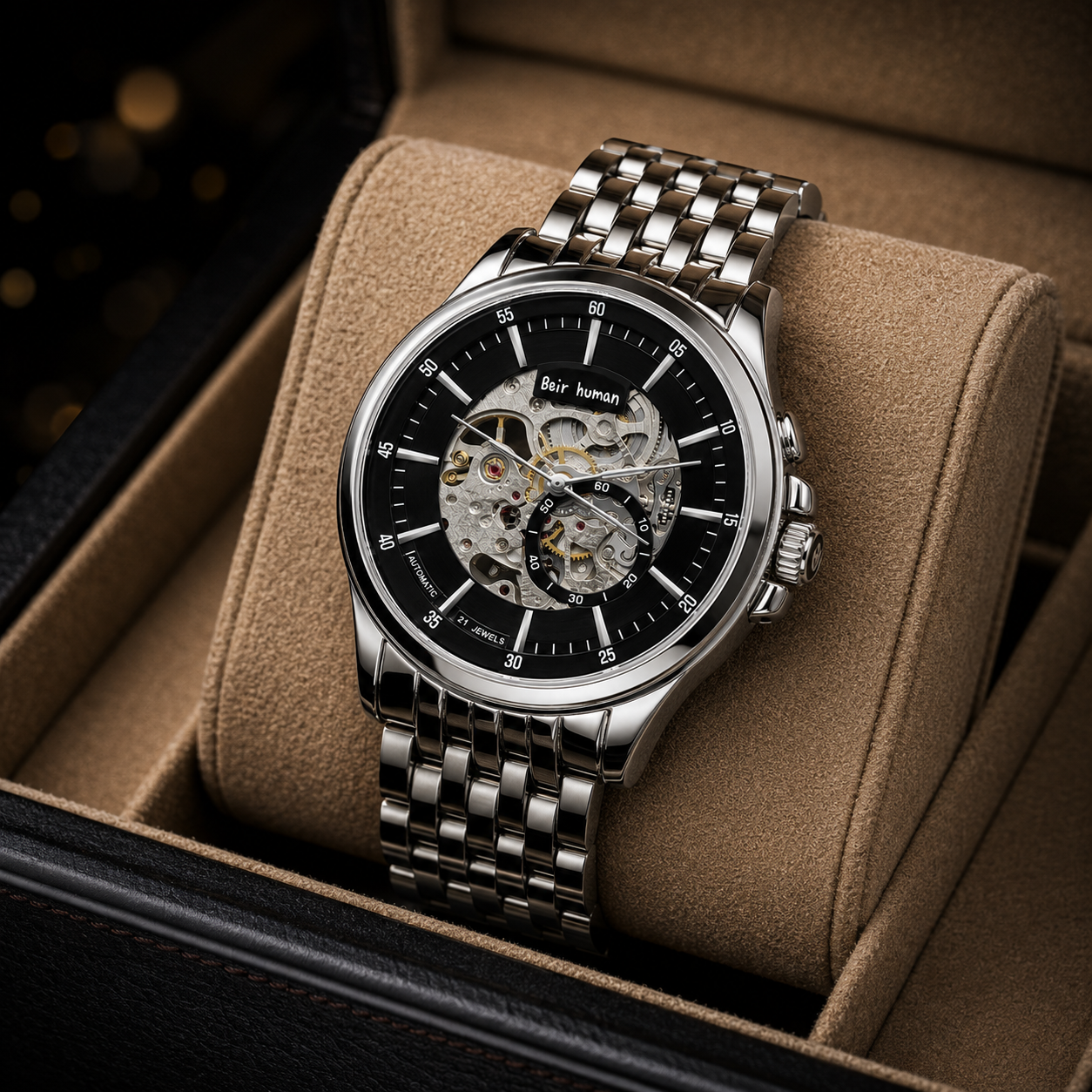 Luxury Automatic Skeleton Watch – Stainless Steel Bracelet & Black Open Dial