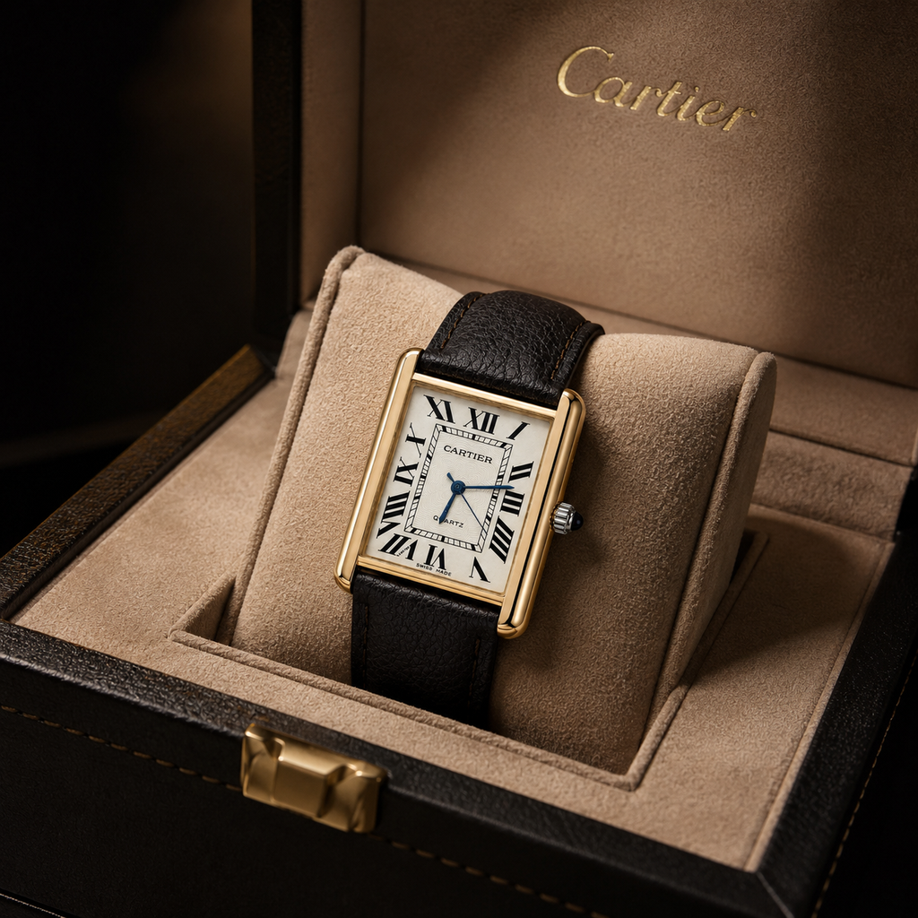 Luxury Rectangular Quartz Watch – Gold-Tone Case with Brown Leather Strap