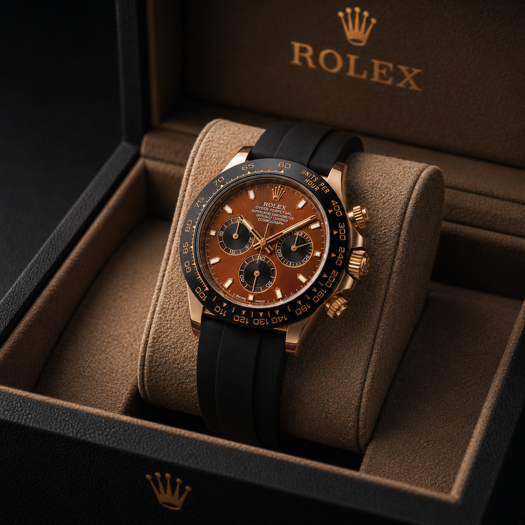 Rolex Cosmograph Daytona Rose Gold Brown Dial Rubber Strap Men's Watch