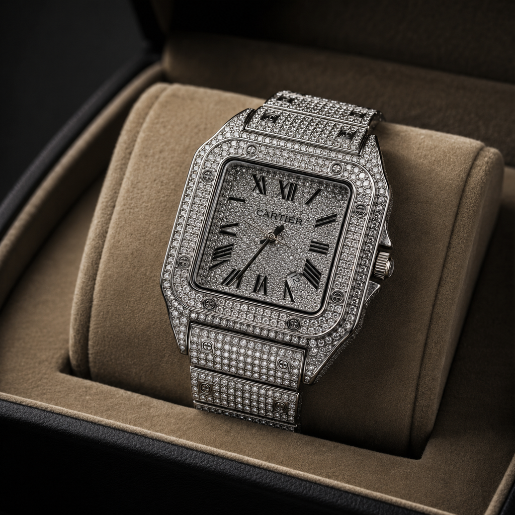 Luxury Iced-Out Square Watch – Full Crystal Stainless Steel Bracelet & Silver Dial