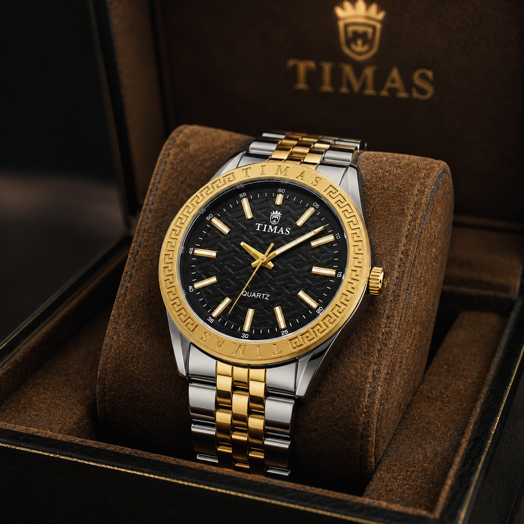 Luxury Women's Two-Tone Quartz Watch with Black Textured Dial | Gold & Silver Stainless Steel