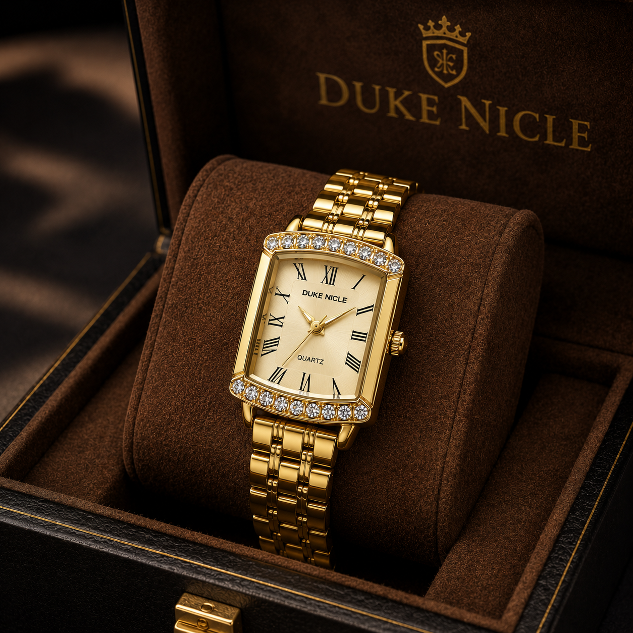 Elegant Women's Gold Rectangular Quartz Watch with Crystal Accents & Roman Numeral Dial