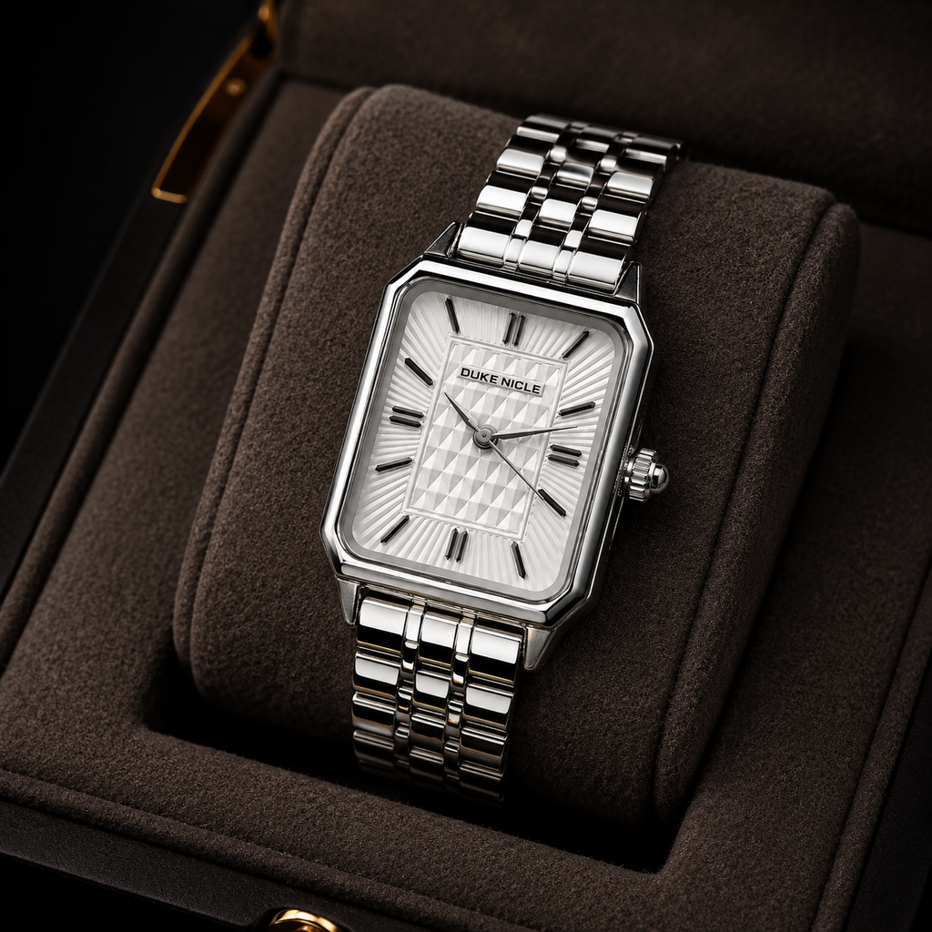 Elegant Women's Silver Rectangular Quartz Watch with Textured Dial | Stainless Steel Bracelet