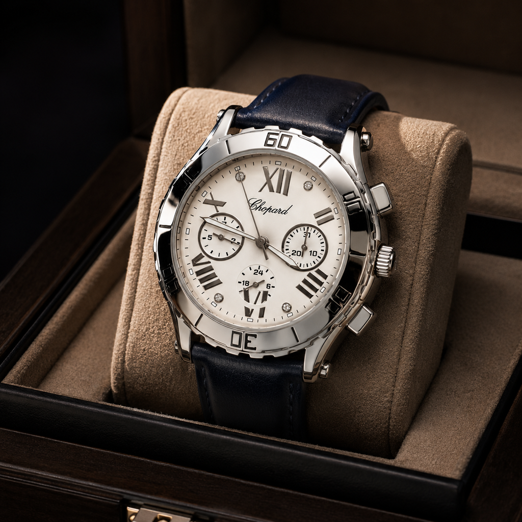Chopard Chronograph Men's Watch – White Dial with Blue Leather Strap | Luxury Quartz Watch